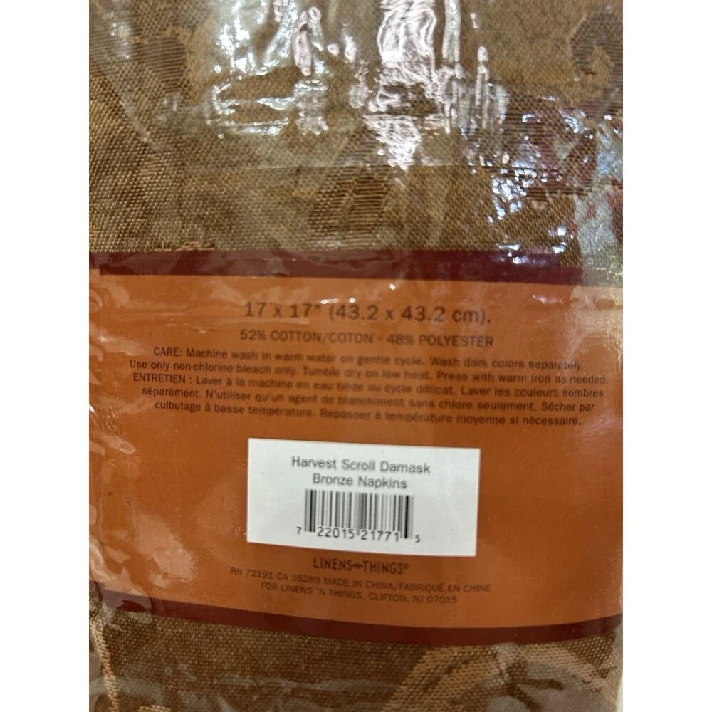 Vintage Harvest Scroll Damask Bronze Napkins Set of 4 17x17 Washable New